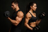 Fit couple performing dumbbell bicep curls together against dark background