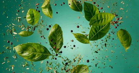 Fresh herbs and spices exploding in mid-air against a teal background