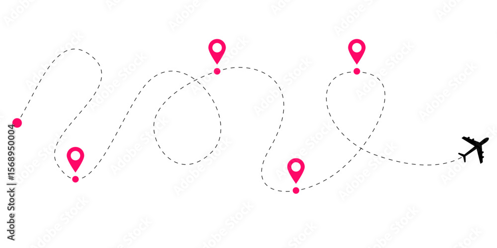 Flight route line set with airplane path illustrations featuring dashed ...