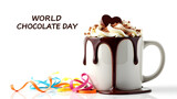 a festive graphic for "World Chocolate Day." It features a white mug overflowing with whipped cream and chocolate syrup dripping down its sides, suggesting a rich hot chocolate or a chocolate-themed b