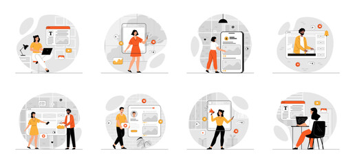 Wall Mural - Bundle of Social Media Content Maker concepts with people scene in flat cartoon design. Collection work with men and women. People creates interesting content, gets emoji reaction. Vector illustration