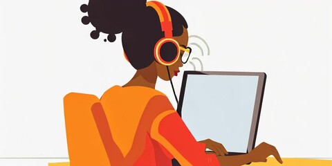 Wall Mural - A professional black woman animation working on laptop with headphones