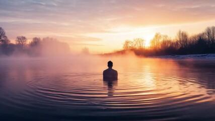Wall Mural - this footage showcases a peaceful moment of solitude in nature. a figure stands in still water durin