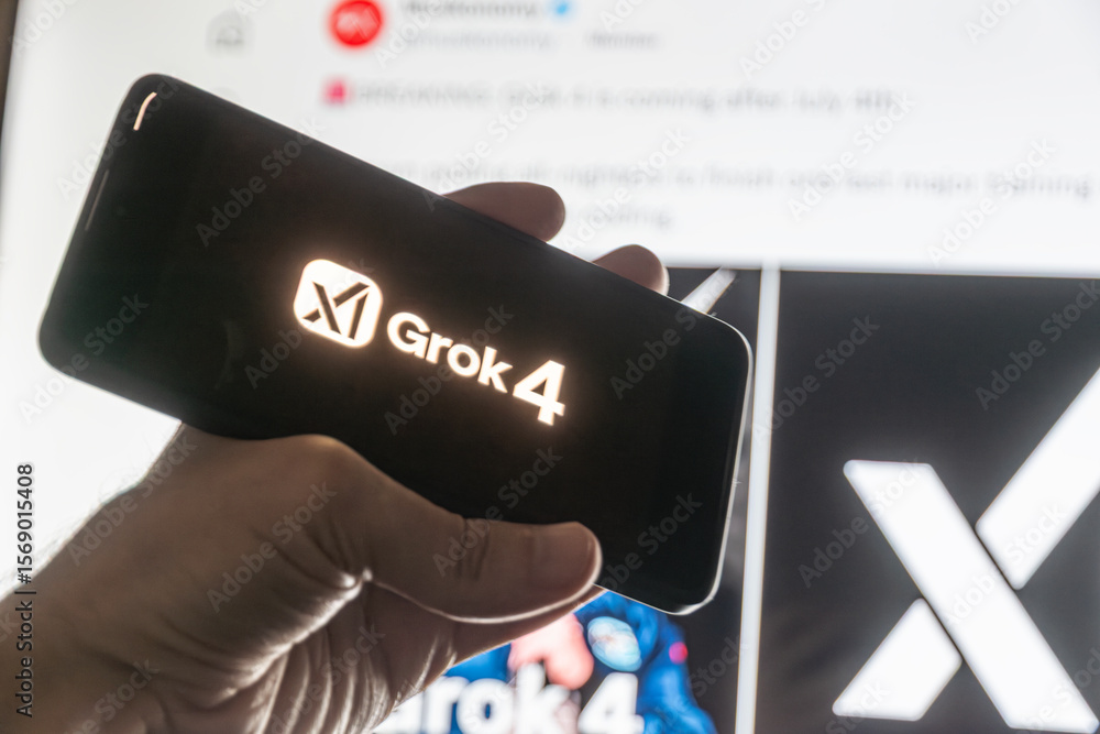 Grok Screen Start Grok 4 Smartphone screen with Grok 4 logo in hand, artificial ...