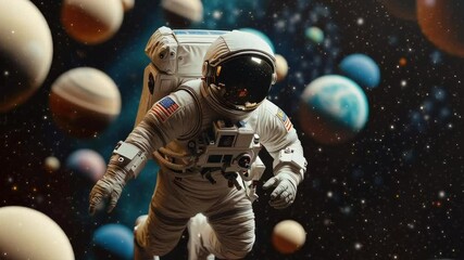 Wall Mural - A man in a spacesuit is floating in space with a bunch of planets around him. Concept of wonder and adventure, as well as the vastness of the universe