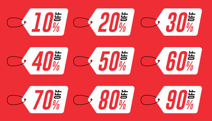 Promotion hold tag. Special offer discount on red tags shapes with different value percent off 90, 80, 70, 60,  50, 40,  30, 20, and 10%.