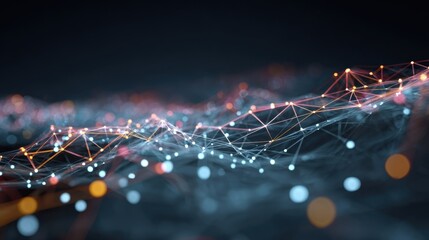 Wall Mural - closeup view of digital networks displaying big data flow with a mesh of glowing lines and nodes in 