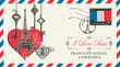 © paseven - Vector greeting card with heart, keys, Eiffel Tower. Or postal envelope with stamp and words 'I love Paris'. Valentine for Valentine's Day. Travel flyer. French school. No AI used