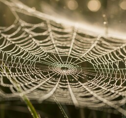 Glistening Dew Drops on Intricate Spider Web in Morning LightAn extreme close-up macro shot captures the delicate beauty of a spider web adorned with countless tiny dew drops, shimmering and glistenin