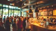 © Phoophinyo - Blurred background of bustling coffee shop, long queue of diverse customers waiting at the counter, vibrant social energy, warm tones and casual interior