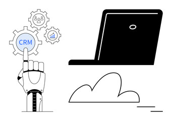 Wall Mural - robotic hand selecting crm gear icon, surrounded by data graphics and team icon, with a laptop and c