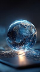 Wall Mural - a dynamic image of a holographic earth globe rotating above a laptop reflecting the rapid evolution 