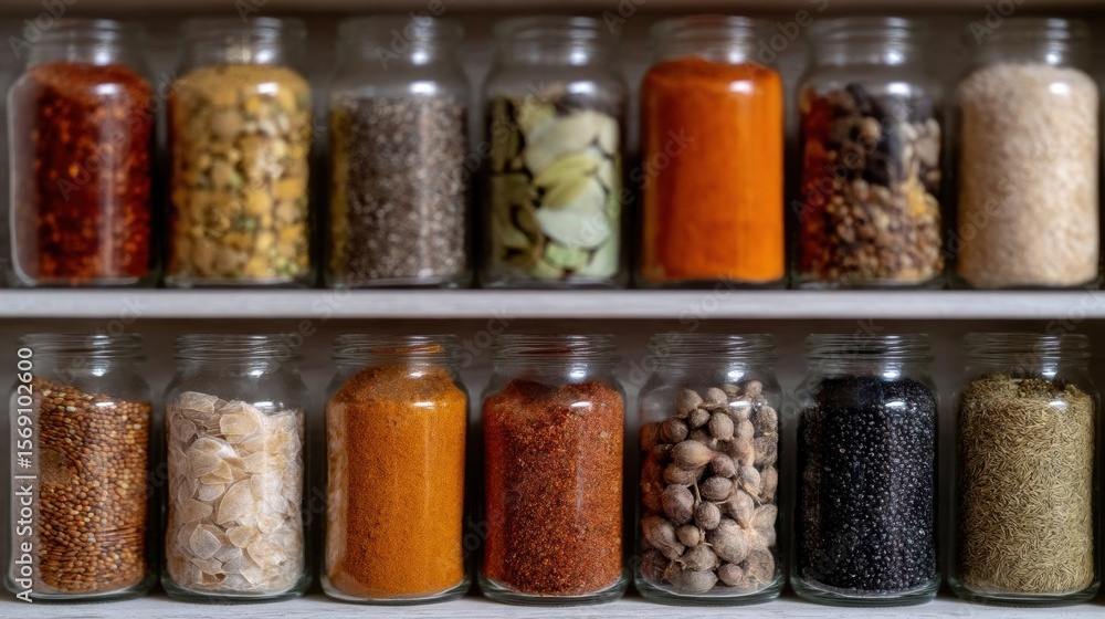Shelf with multiple glass jars filled with different types of spices ...