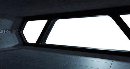 Wall Mural - black spaceship interior with isolated cut out transparent window. futuristic dark starship with glo