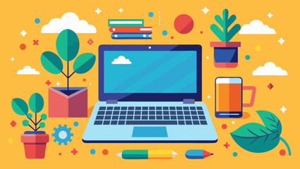 Vector art of laptop with a blue screen and plants on a yellow background with scattered elements
