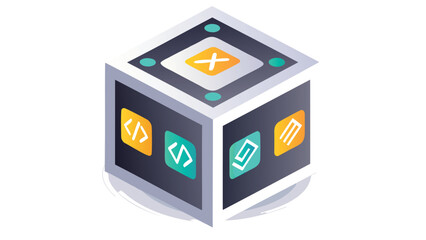 isometric cube with coding and development icons on each side in a modern design style element