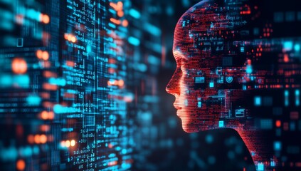 A double exposure of an AI-generated human face and computer code, symbolizing the integration between humans and artificial intelligence technology in the digital world