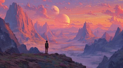 Wall Mural - a woman pauses to admire the mesmerizing martian sunset with vibrant colors painting the sky as she 