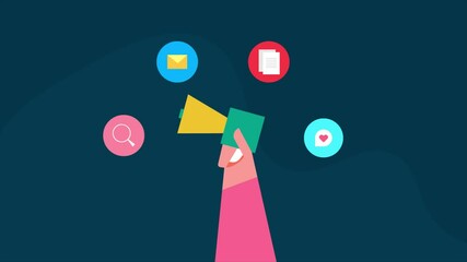 Wall Mural - Hand holding megaphone surrounded with SEO, Social media, Email and content marketing icon symbolizing digital marketing strategies.