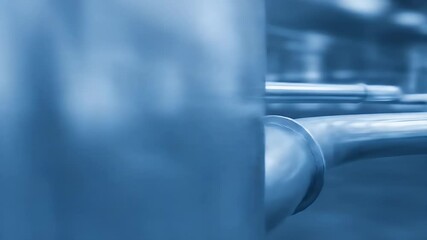 Canvas Print - Close-up of interconnected, reflective metallic tubes in shades of blue. Abstract, industrial, and modern
