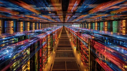 Wall Mural - an overhead shot of a bustling data center filled with rows of powerful server racks all interconnec