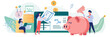 © Perfect Vector - Flat vector illustration of diverse people analyzing finances with charts and graphs, digital tablet, piggy bank saving money concept