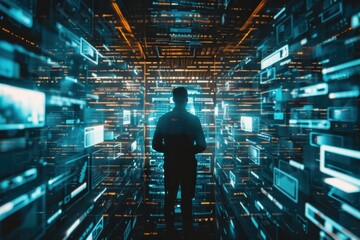 Wall Mural - programmer walking in futuristic immersive digital environment observing data flow