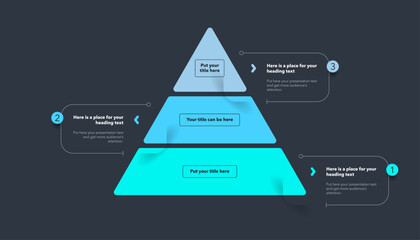 Wall Mural - triangle pyramid chart template with three colorful stages - dark version. infographic diagram divid