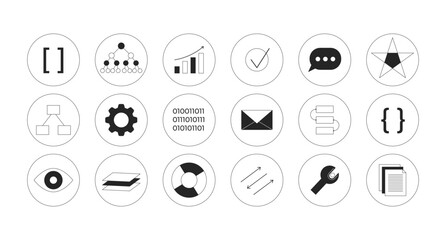 Wall Mural - technology and data 2d line round stickers objects set. coding, charts, data structure, tools, ui co