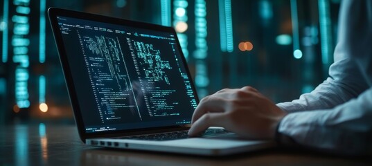 Wall Mural - cybersecurity specialist coding to secure the network man typing code on laptop at developer desk