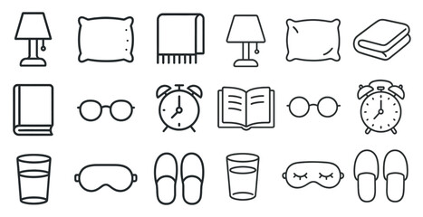 Collection of items related to sleep and relaxation, including a book, glasses, a clock, a cup, a blanket, and a pillow