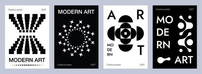 Wall Mural - Set of abstract black and white modern art posters with geometric shapes, ideal for social media design, banner, card, brochure cover and print.