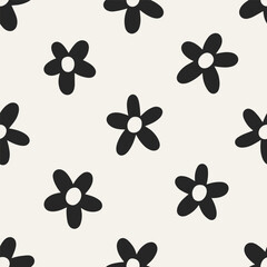 Wall Mural - seamless floral pattern. simple daisy flowers print, abstract black and white texture, endless sprin