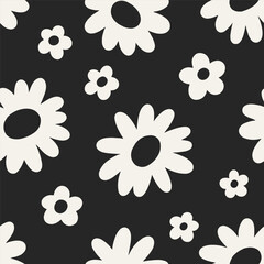 Wall Mural - flower pattern. seamless floral design with daisy blooms, repeating groovy blossoms in black and whi