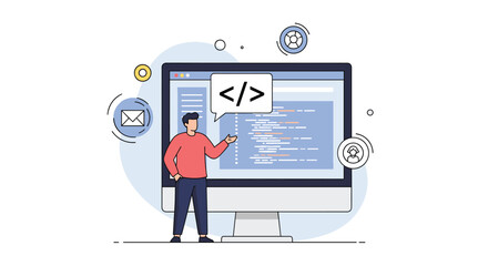 developer demonstrates computer code building complex applications with engaging visual elements