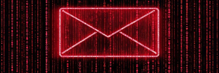 Wall Mural - red email envelope illuminated on binary code stream representing phishing and cybersecurity threats