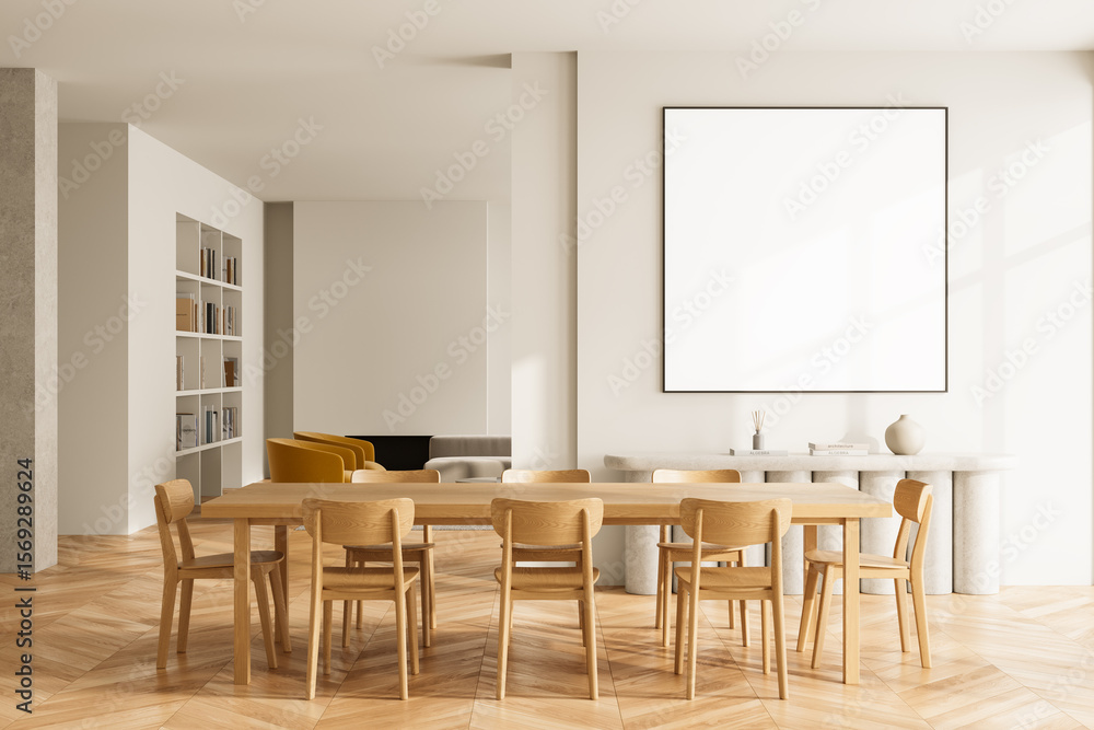 Bright minimalist dining room interior with wooden furniture and large ...