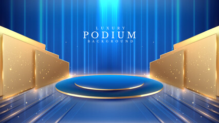 Wall Mural - Empty podium golden on blue background with light neon effects with bokeh decorations. Luxury scene design concept. Vector illustrations.