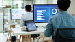 © ChayTee - Asia people expert man tech talent working on project predict sales insight SEO graph chart AI smart plan visual big data science report center BI smart tools screen. Office worker asian analyst job.