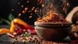 © Juan - Spices flying from wooden bowl on black background for dramatic culinary cooking visuals food product photography concept