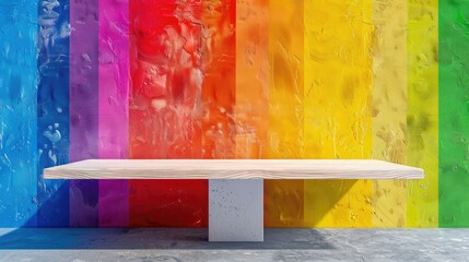 Wall Mural - empty display shelf against abstract rainbow gradient wall, colorful concept for vibrant product pre