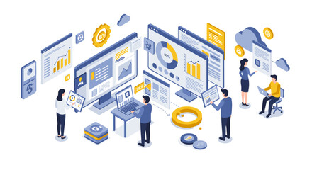 Business data analysis and networking vector illustration in isometric flat style for corporate design