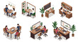 © Ophelia - Isometric vector illustration of office and coffee shop scenes for business and work environments