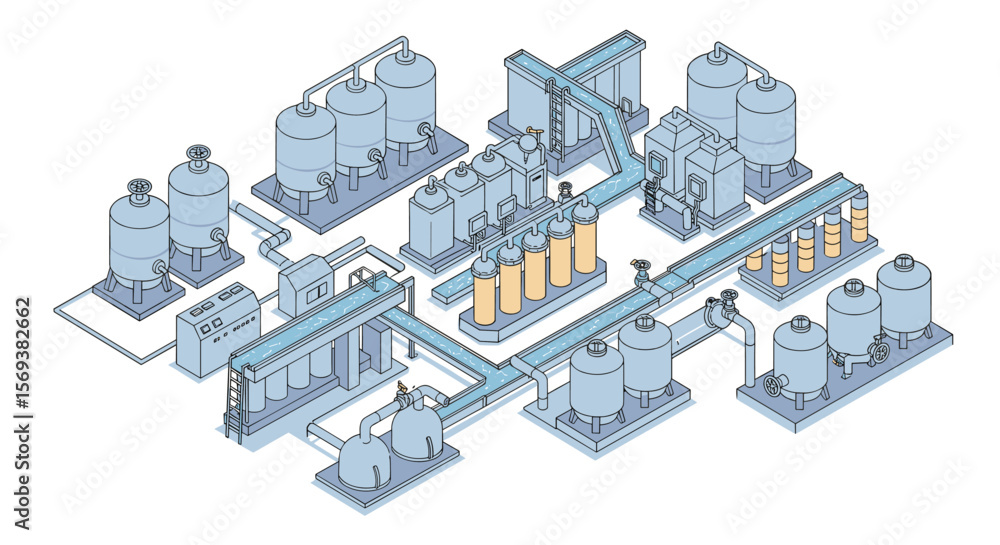 Isometric vector illustration of industrial water purification system ...