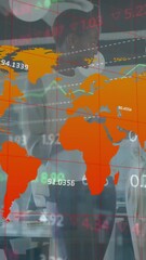 Wall Mural - animation of number over trading board and map against diverse female coworkers sharing ideas