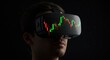 © scott - Man wearing a virtual reality headset with an illuminated financial stock chart on the screen. Metaverse trading.