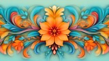 A vibrant floral design featuring an orange flower surrounded by swirling blue and green foliage, Ideal for use in invitations, greeting cards, or as background art in various creative projects,