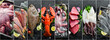 © Yaruniv-Studio - Seafood background: tuna fish, lobster, squid and octopus. Photo collage, banner from photos.
