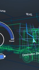 Wall Mural - animation of speedometers, loading battery icon over 3d model of truck against black background