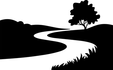 river curves with trees silhouette vector illustration